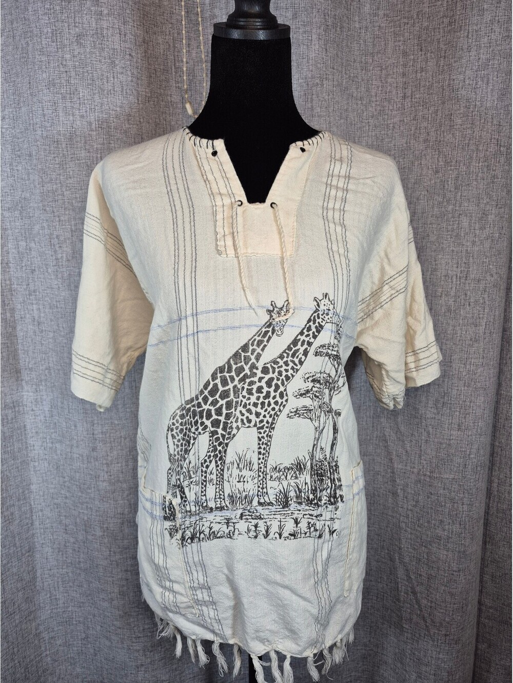 Boho Giraffe Fringe Baja Tunic Top Cream Black Women’s Approx L Unbranded